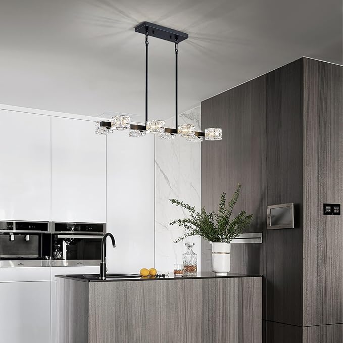 XINGQI Modern Chandeliers for Dining Room Over Table, 8-Light Rectangular Kitchen Island Light Fixture, Linear Farmhouse Metal Glass Black Vintage Hanging Lamp for Living Room Bar