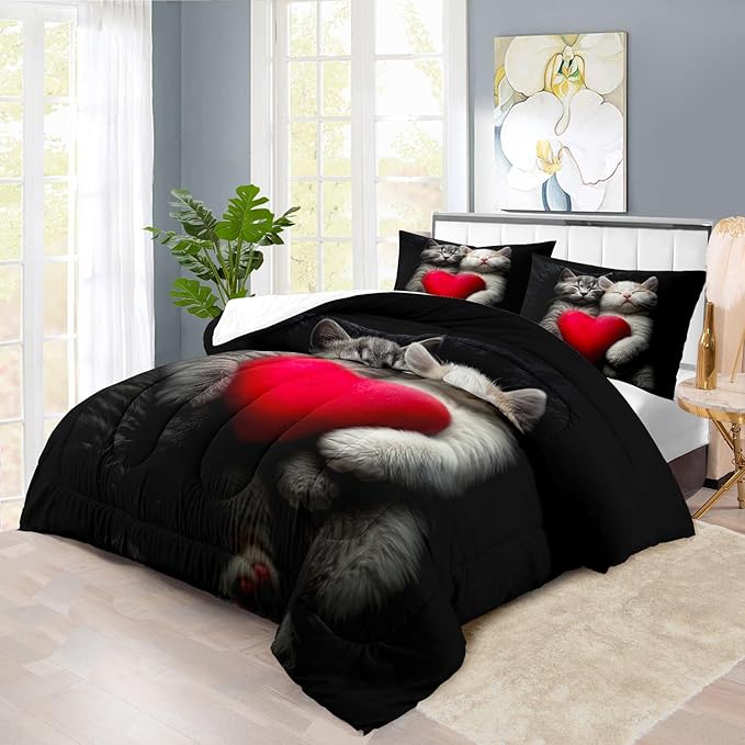 Cute Cat Comforter Set Twin,Kawaii Cat Bedding Set for Girls,Cute Animal Comforter Red Love Heart Bedding Decor,Kawaii Farm Animal Quilt Patterns Kids and Adults