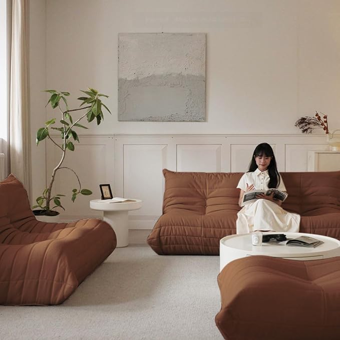 Luxury Sofa Couch Chair, Lazy Floor Seating, Fireside Bean Bag Chair, Ergonomic Tatami Sofa Lounger for Living Room, Bedroom, Office, 3 Seat, Brown