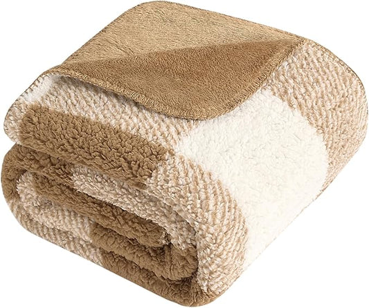 LURKA Checkered Sherpa Fleece Twin-Size Bed Blanket - Extra Thick and Warm Winter Soft Fuzzy Plush Blanket for Couches, Beds & Pets, Brown, 60x80 Inches