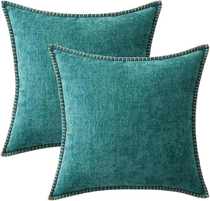 MIULEE Pack of 2 Couch Throw Pillow Covers 18x18 Inch Coastal Teal Farmhouse Decorative Pillow Covers with Stitched Edge Soft Chenille Solid Dyed Spring Pillow Covers for Sofa Bed Living Room