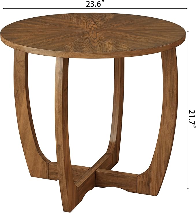 PADMA HOUSE Round Wood End Table with Curved Legs, Drum Circle Side Table with Snowflake Tabletop, Rounded Wooden Sofa Side Table, Brown Walnut Wood Tabletop & Legs 23.6" x 21.7"