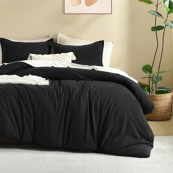 Litanika Black Comforter Full Size, 3 Pieces Boho Lightweight Solid Bedding Comforter Set, All Season Fluffy Bed Set (79x90In Comforter & 2 Pillowcases)
