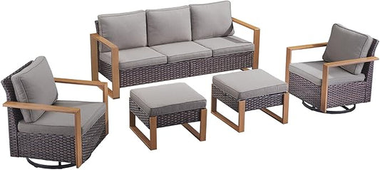 Outdoor Wicker Patio Furniture Set - 5 Piece Patio Conversation Set with 2 Wicker Swivel Rocker Chairs,2 Rattan Ottoman and 1 Couch,Thick Cushions,Deep Seating,Wide Armrest(Brown/Grey)