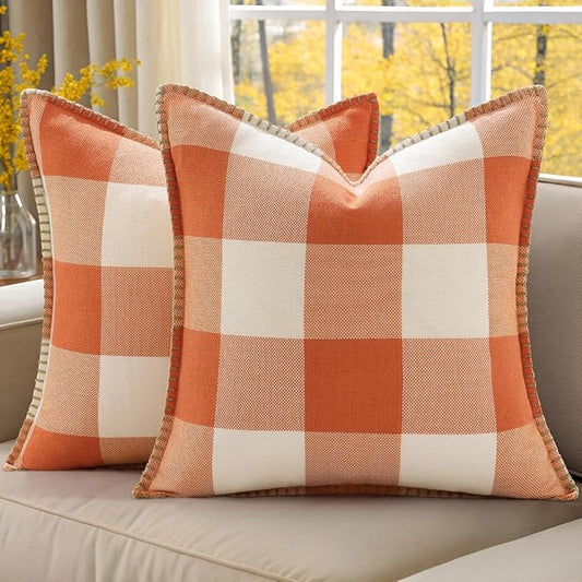 decorUhome Fall Orange and White Decorative Throw Pillow Covers 16x16 Set of 2, Buffalo Plaid Check Farmhouse Cushion Covers with Stitched Edge for Autumn Harvest Couch Sofa Bed Home Decor