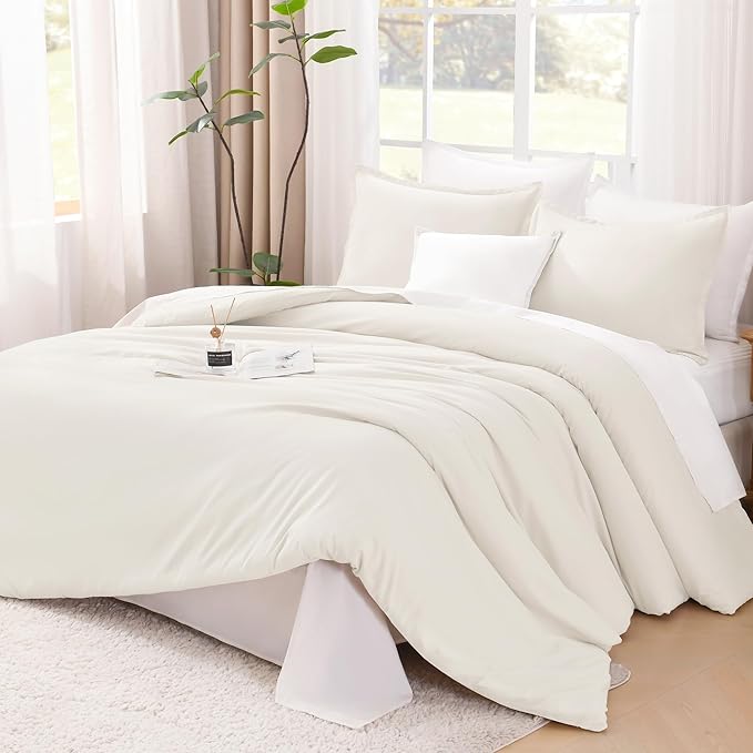Litanika Ivory Comforter Set Full Size, 3 Pieces Lightweight Solid Bedding Comforter Set, All Season Fluffy Bed Set (79x90In Comforter & 2 Pillowcases)