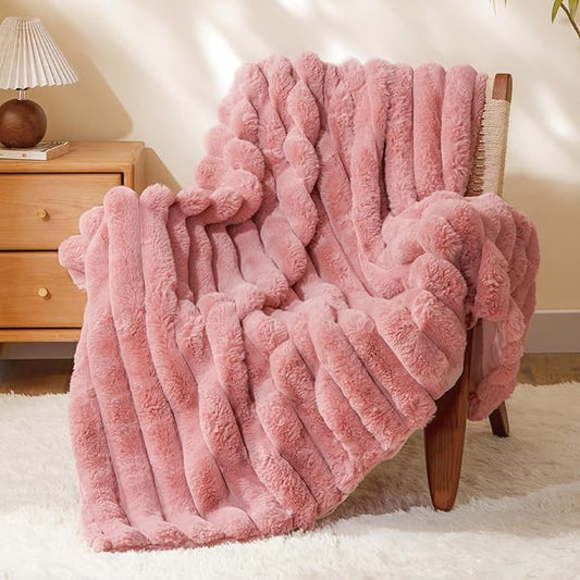 BEDELITE Faux Fur Throw Blanket for Couch, Soft and Cozy Luxurious 3D Striped Pink Fluffy Blanket, 770GSM Thick Warm Plush Fuzzy Faux Rabbit Fur Blanket for Women Gift, 50"x 60"