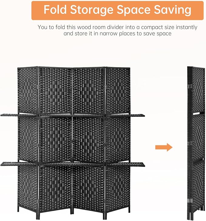 PayLessHere Room Divider Room Screen Divider Wooden Screen Folding Portable Partition Screen Wood with Removable Storage Shelves (Black, 4 Panel)