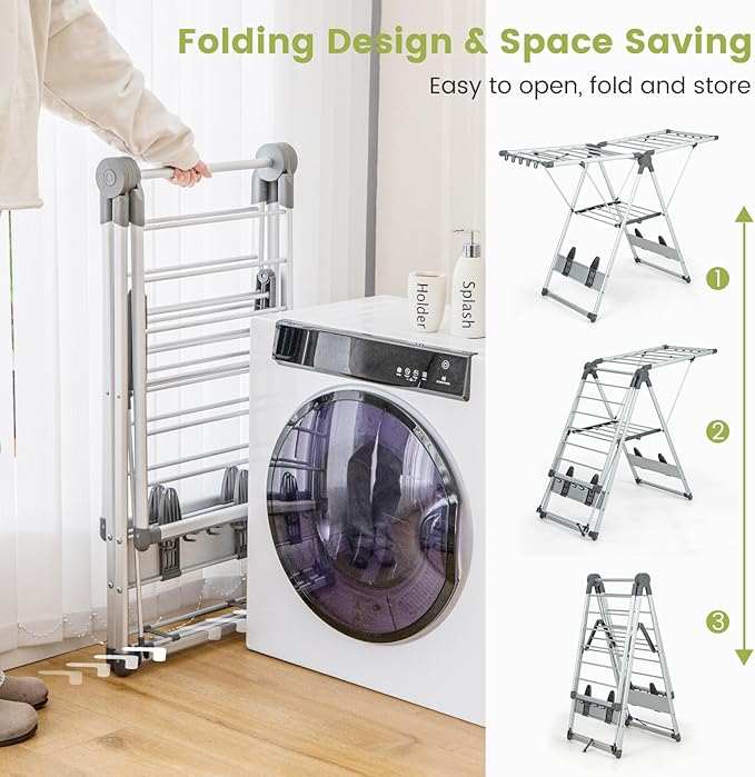 Giantex Clothes Drying Rack, 2-Layer Aluminum Foldable Laundry Drying Rack with 5-Level Adjustable Height, 21 Drying Rails, 10 Side Clips, 4 Shoe Holders, Space Saving Collapsible Laundry Drying Rack