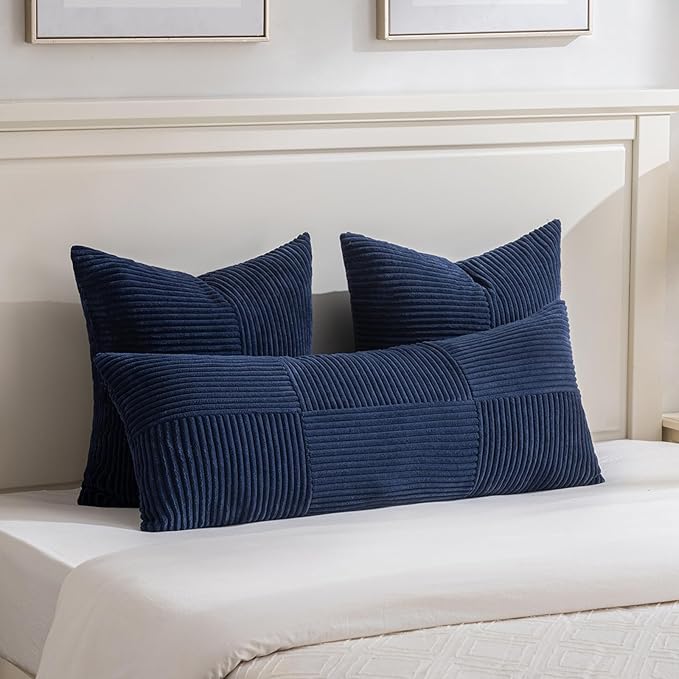 Fancy Homi 2 Packs Navy Blue Euro Decorative Throw Pillow Covers 26x26 Inch for Living Room Couch Bed, Farmhouse Boho Home Decor, Soft Corss Corduroy Patchwork Textured Square Cushion Case 66x66 cm