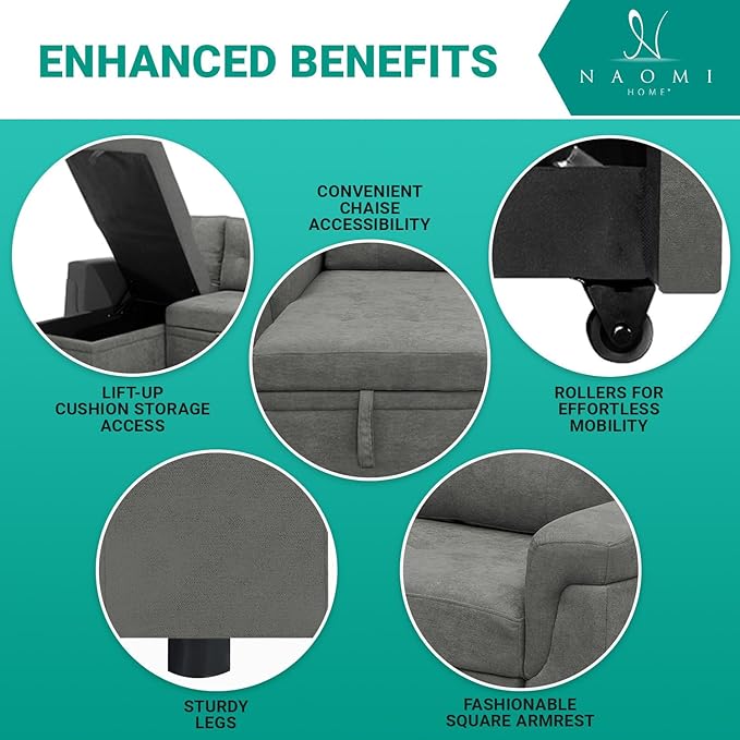 Naomi Home Transform Any Space: Sleeper Sectional Sofa with Convertible Sofa Bed & Inviting Chaise. Find Tranquil Comfort with Stress-Relieving Design & Durable Cushions - Gray/Velvet