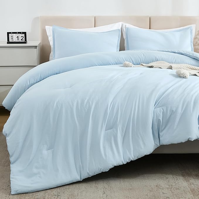 Litanika Comforters Light Blue King Size, 3 Pieces Lightweight Solid Bedding Comforter Set, All Season Fluffy Bed Set (104x90In Comforter & 2 Pillowcases)