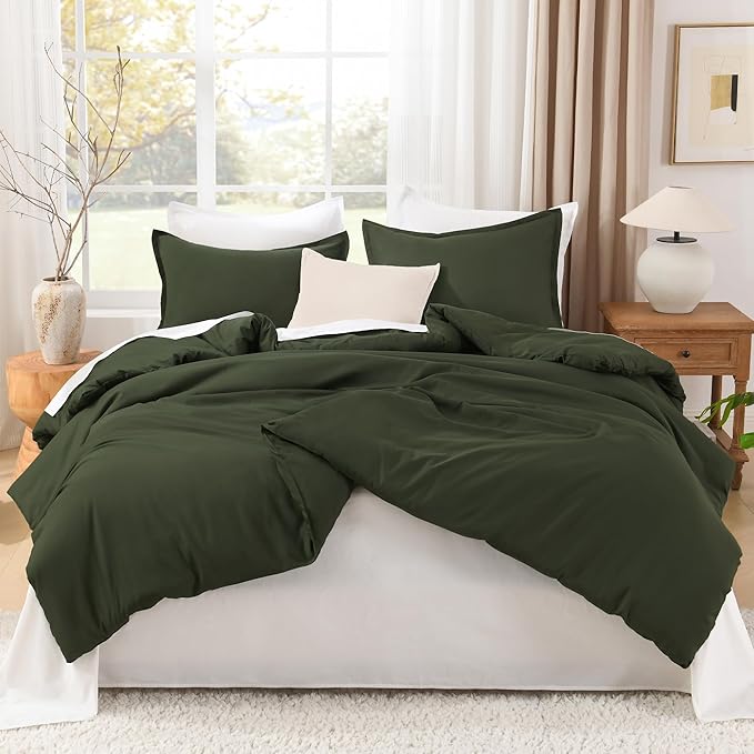 Litanika Dark Olive Green California King Comforter Set - 3 Pieces Cal King Lightweight Summer Soft Solid Bed Comforter, Oversized Fluffy Down Alternative Bedding Set (104x96In, 2 Pillowcases)