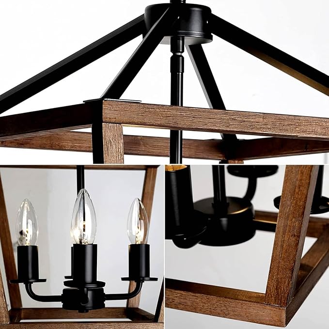4-Light Lantern Pendant Light,Black Wood Cage Farmhouse Chandelier for Kitchen Island,12'' Rustic Metal Geometric Hanging Lighting Fixture for Kitchen Island Dining Room Bedroom Foyer Entry