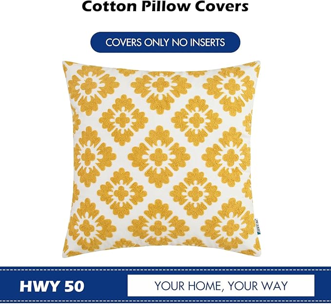 HWY 50 Mustard Yellow Decorative Throw Pillow Covers 18x18 Inch (1 Piece), Embroidered Cotton Farmhouse Cushion Cover Pillow Case for Sofa Couch Living Room Bed, Little Sunflower
