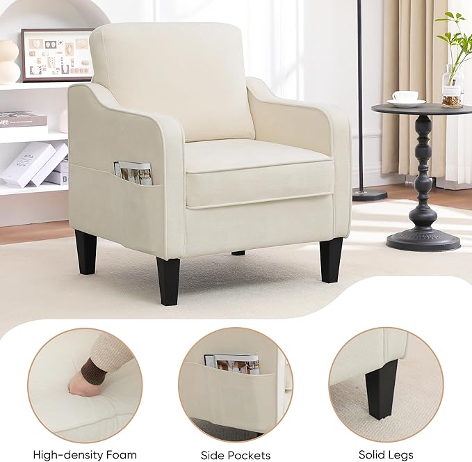 Accent Chair for Living Room, Mid Century Modern Reading Chair for Bedroom, Upholstered Armchair with Side Pockets, Comfy Single Sofa Side Chair for Office, Apartment, Small Room, Beige