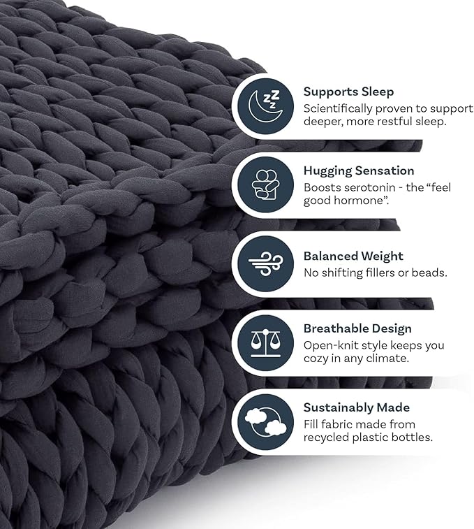 Nuzzie Chunky Knit Weighted Blanket - Breathable, Cooling, Hand Made Knit Throw Blanket for Sleep - Machine Washable, Stylish Decor Design (Charcoal, Queen | 28lbs | 80"x80")