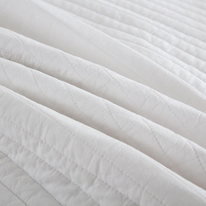 MarCielo 3-Piece 100% Cotton White Striped Quilt Set with Botanical Edge Embroidery TC(Sakura White,King(106" X 98"))