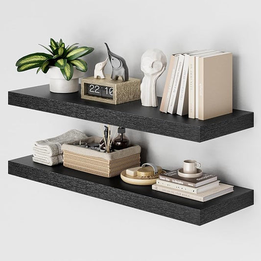 Heimlove 36 Inch Wall Shelf Bathroom Shelves Set of 2, 12" Deep Black Floating Shelves for Wall, Wall Mounted Shelves for Books Living Room Laundry Room Bedroom Kitchen Home Office