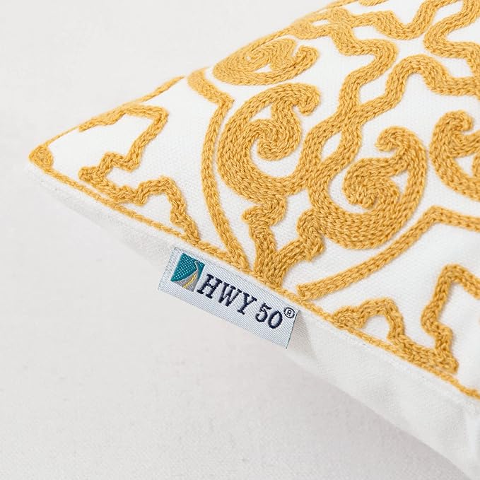 HWY 50 Mustard Yellow Decorative Throw Pillow Covers 18x18 Inch, Pack of 2 Embroidered Cotton Farmhouse Cushion Cover Pillow Case for Sofa Couch Living Room Bed Bedroon, Modern Pattern