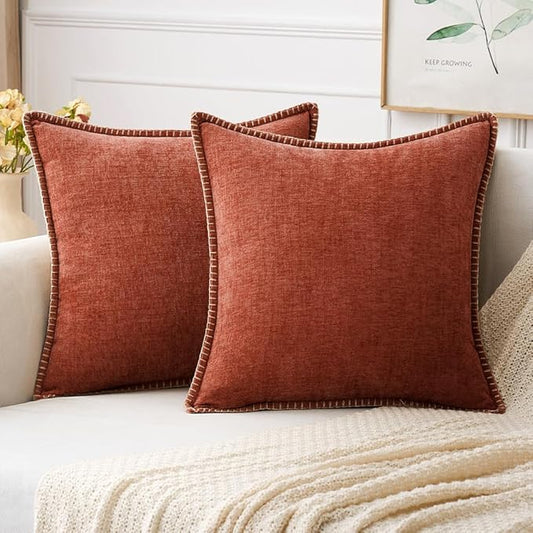 MIULEE Pack of 2 Fall Couch Throw Pillow Covers 16x16 Inch Burnt Orange Farmhouse Decorative Pillow Covers with Stitched Edge Soft Chenille Solid Dyed Pillow Covers for Sofa Bed Living Room