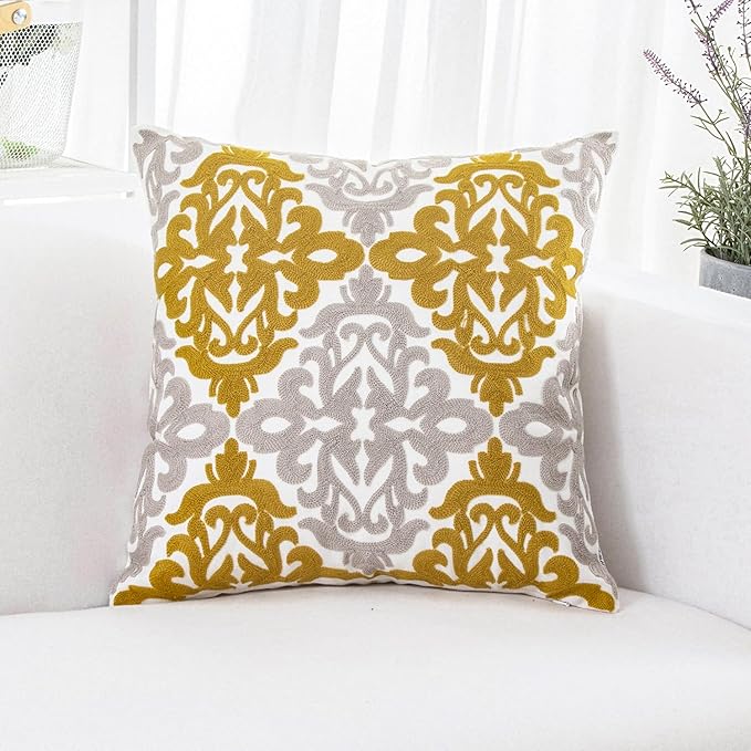 HWY 50 Mustard Yellow Decorative Throw Pillow Covers 18x18 Inch (1 Piece), Embroidered Cotton Farmhouse Cushion Cover Pillow Case for Sofa Couch Living Room Bed Bedroon, Floral Geometric