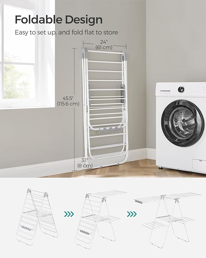 SONGMICS Clothes Drying Rack, Foldable 2-Level Laundry Drying Rack, Free-Standing Laundry Airer, with Height-Adjustable Wings, 33 Drying Rails, Sock Clips, White and Gray ULLR053G01V1