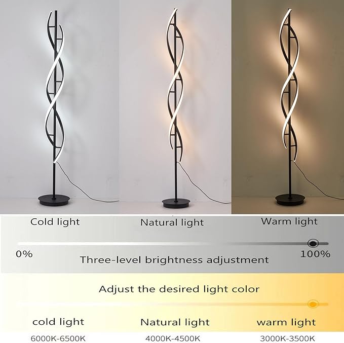Unique Spiral Floor Lamp 3 Color Dimmable with Remote Standing Floor Lamp, Modern Creative Tall Lamp Control for Living Room Bedroom and Office Black