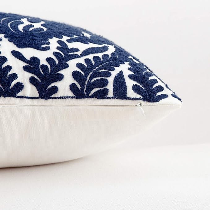 HWY 50 Navy Blue Decorative Throw Pillow Covers 18x18 Inch, Pack of 2 Embroidered Cotton Farmhouse Cushion Cover Pillow Case for Sofa Couch Living Room Bed Bedroon, Accent Branches