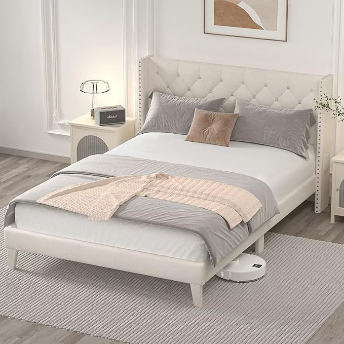 Queen Size Bed Frame with LED Lights, Upholstered Bed Frame with Wingback Diamond Tufted Headboard, Wood Slats Support, Noise-Free, Easy Assembly, No Box Spring Needed, Beige