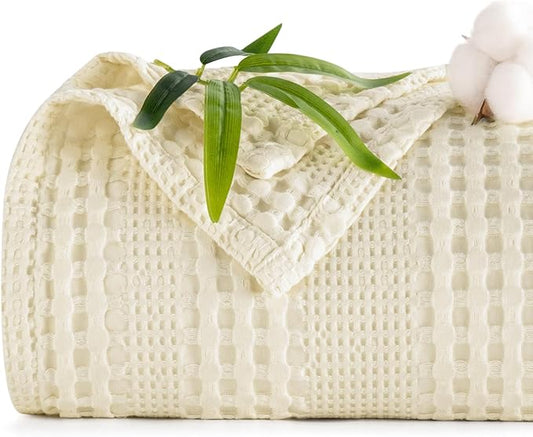 PHF Cooling Waffle Blanket Twin Size, Lightweight 60% Rayon Derived Bamboo & 40% Cotton Breathable Blanket for Hot Sleepers, Soft and Luxury for Bed Couch and Sofa, 66"x90", Ivory