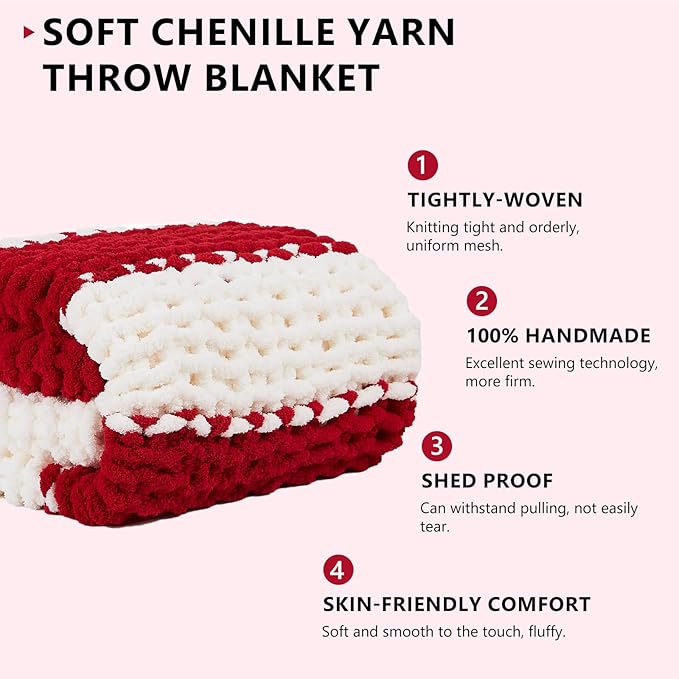 L'AGRATY Chunky Knit Blanket Throw - Soft Throw Blanket 50x60: 100% Hand Kintted Chenile Crochet Throw Blanket for Couch - Large Cable Knit Blanket for Home Decor (Red and White)