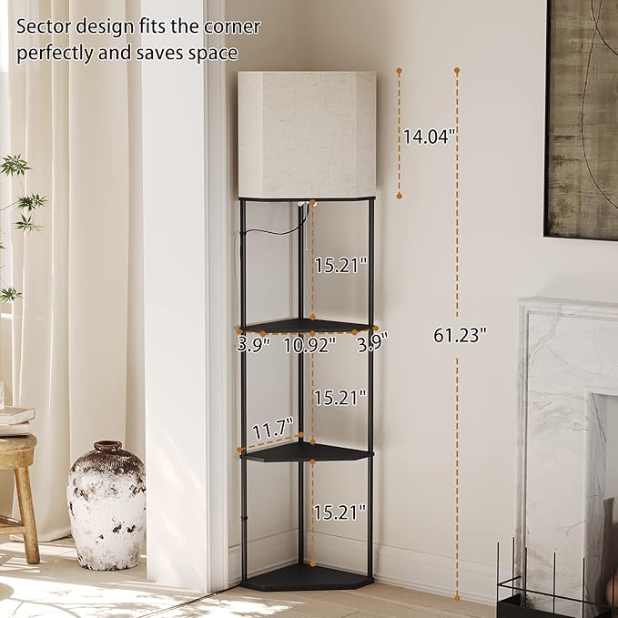 SUNMORY Sector Corner Shelf Lamp 3 Color Temperatures LED Bulb,Corner Lamps with Linen Lampshade, Floor Lamps for Living Room, Bedroom, Study, Black Standing Lamp with Shelves