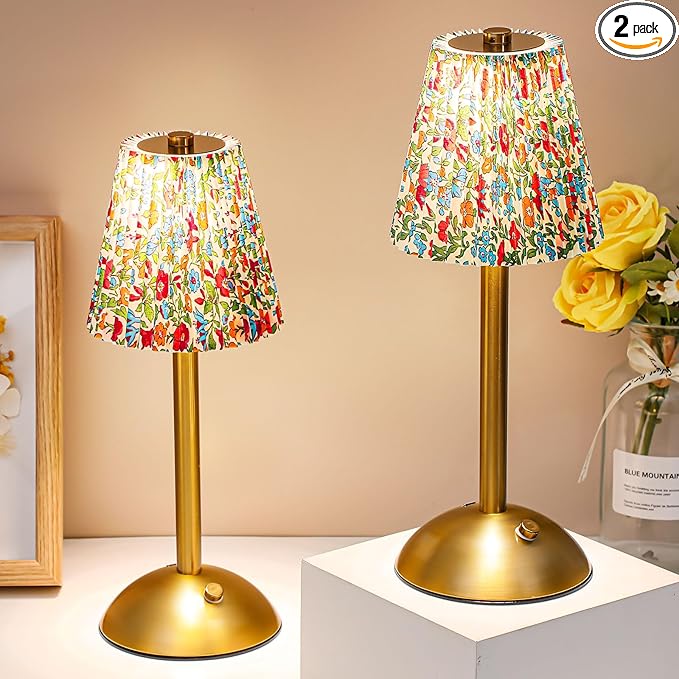 Liliful 2 Pcs LED Portable Cordless Table Lamp Touch Battery Operated Rechargeable Desk Lamp 3 Color Dimmable for Bedroom Living Room Dining (Floral Style,Gold)