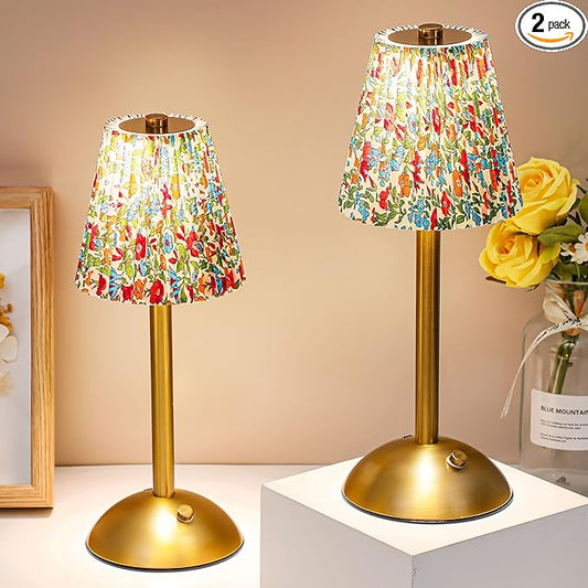 Liliful 2 Pcs LED Portable Cordless Table Lamp Touch Battery Operated Rechargeable Desk Lamp 3 Color Dimmable for Bedroom Living Room Dining (Floral Style,Gold)