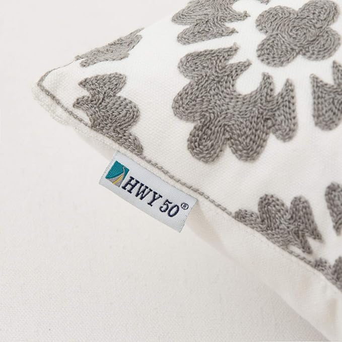 HWY 50 Grey Gray Decorative Throw Pillow Covers 18x18 Inch (1 Piece), Embroidered Cotton Farmhouse Cushion Cover Pillow Case for Sofa Couch Living Room Bed, Geometric Diamond Floral