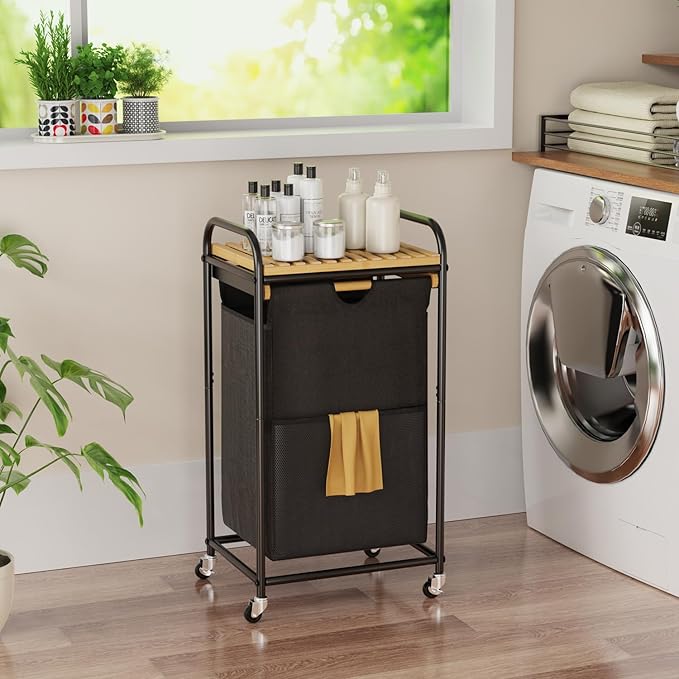 Laundry Hampers 1 Section, Laundry Sorter with Removable Shelf and Pull-Out Bags, Clothes Hampers with Wheels Rolling Cart Basket for Laundry Room Bathroom, 50 L (Black)