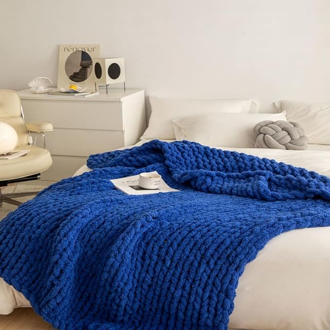 Chunky Knit Blanket Throw 40"x40", Chenille Throw Blankets, Handmade Warm & Cozy Blanket Couch Bed Home Decor, Soft Breathable Fleece Banket, Christmas for Couch Bed Sofa Best Gift (Navy Blue)