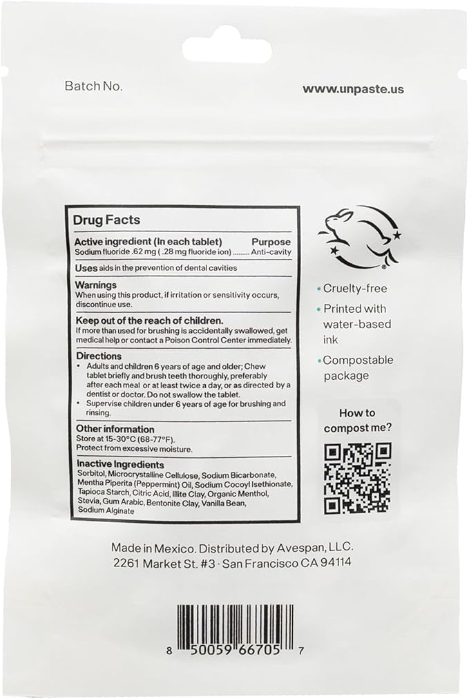 New Formula, Unpaste Toothpaste Tablets, Fluoride Mint, Xylitol Free, Vegan, Plastic Free, Travel-Friendly, Resealable Packet, 250ct, 4 Month Supply