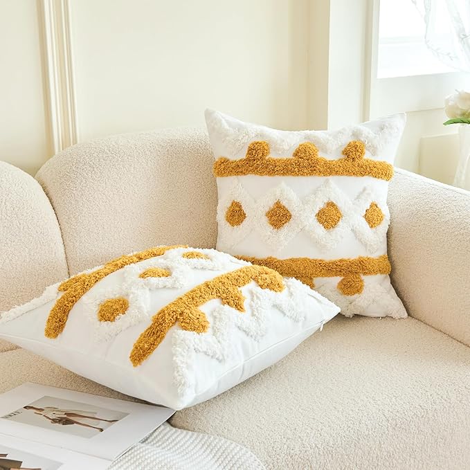 HOdo Home 18x18 Throw Pillow Covers, 2PCS Tufted Boho Jacquard Pillow Covers,Farmhouse Decorative Pillow Cover,Pillow Cases for Couch Sofa Bed Stylish Decor, Simple Textured Cushion Sham