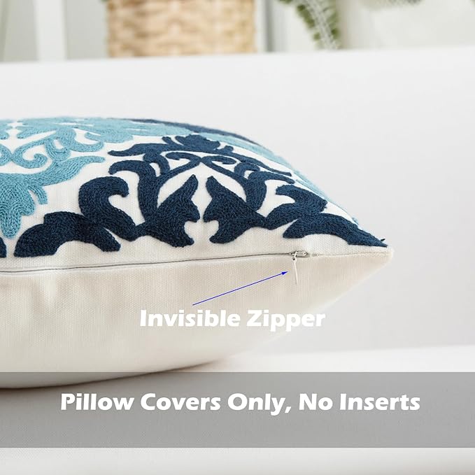 HWY 50 Blue Decorative Throw Pillow Covers 18x18 Inch (1 Piece), Embroidered Cotton Farmhouse Cushion Cover Pillow Case for Sofa Couch Living Room Bed Bedroon, Floral Geometric