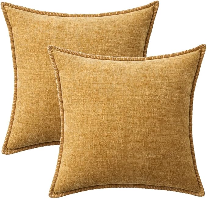 MIULEE Pack of 2 Couch Throw Pillow Covers 18x18 Inch Gold Farmhouse Decorative Pillow Covers with Stitched Edge Soft Chenille Solid Dyed Fall Pillow Covers for Sofa Bed Living Room