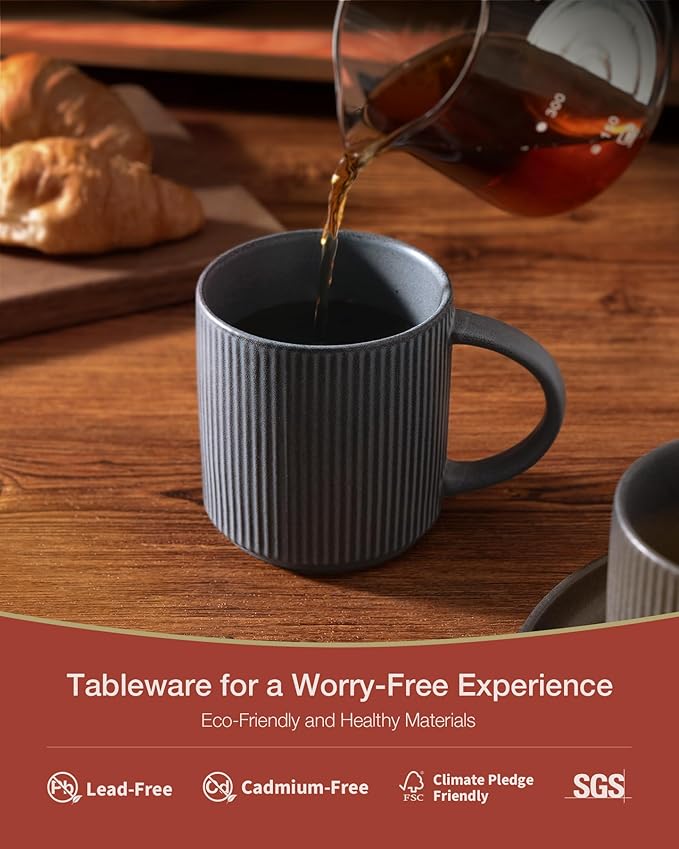 famiware Coffee Mug Set for 6, Star 12 oz Catering Mugs Cup Set with Handle for Coffee, Tea, Cocoa, Milk - Ceramic Stoneware Drinkware Set, Matte Dark Charcoal