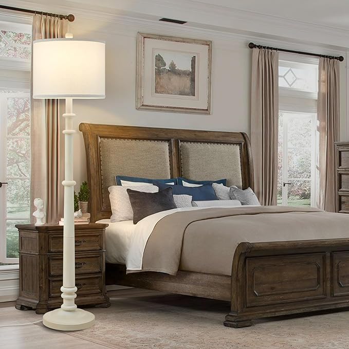 Floor Lamps for Living Room - 60" Resin Farmhouse Floor Lamp with 3 Color Temperatures - Vintage Standing Lamp Reading Light with Linen Shade Retro Tall Lamp for Bedroom Office, Almond White