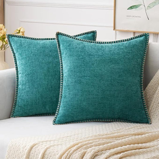 MIULEE Pack of 2 Couch Throw Pillow Covers 18x18 Inch Coastal Teal Farmhouse Decorative Pillow Covers with Stitched Edge Soft Chenille Solid Dyed Spring Pillow Covers for Sofa Bed Living Room