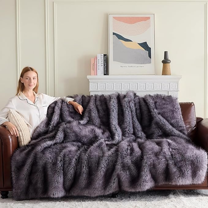 Fluffy Faux Fur Throw Blanket – Super Soft Warm Thick Plush Blanket for Bed, Couch & Office, Cozy Fuzzy Throw with Flannel Backing,108"x90", Grey