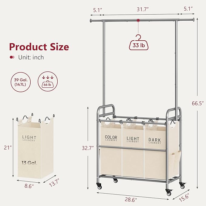 Tajsoon Laundry Hamper with Hanging Rack, 3 Section Laundry Sorter with Heavy Duty Lockable Wheels, Laundry Basket Organizer for Dirty Clothes Storage, 3 Beige
