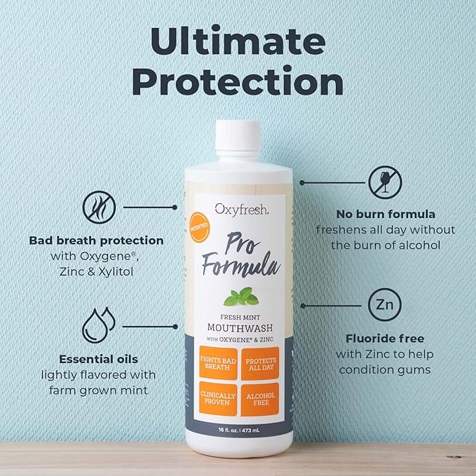 Oxyfresh Pro Formula Fresh Mint Mouthwash – Patented Zinc Mouthrinse for Fresh Breath & Healthy Gums | Dye, Fluoride & Alcohol Free Mouthwash (1 Gal Bottle)