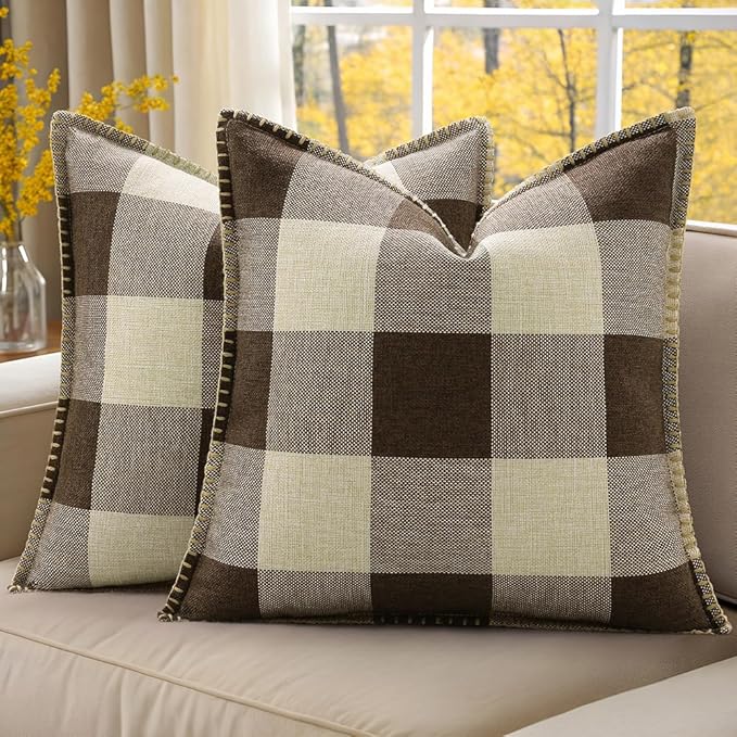 decorUhome Buffalo Plaid Check Throw Pillow Covers 22x22 Set of 2, Outdoor Decorative Farmhouse Neutral Pillow Covers with Stitched Edge for Bed Couch Sofa, Brown and Beige