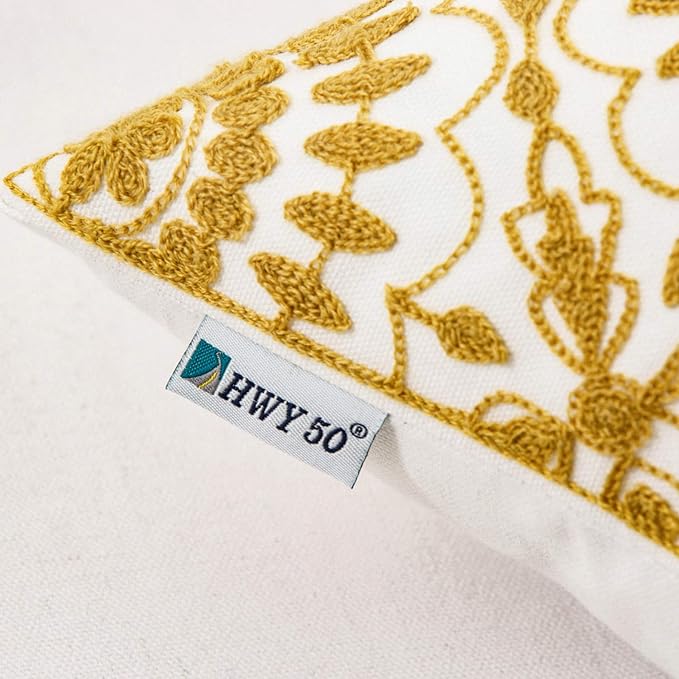HWY 50 Mustard Yellow Decorative Throw Pillow Covers 18x18 Inch, Pack of 2 Embroidered Cotton Farmhouse Cushion Cover Pillow Case for Sofa Couch Living Room Bed Bedroon, Little Sunflower Design